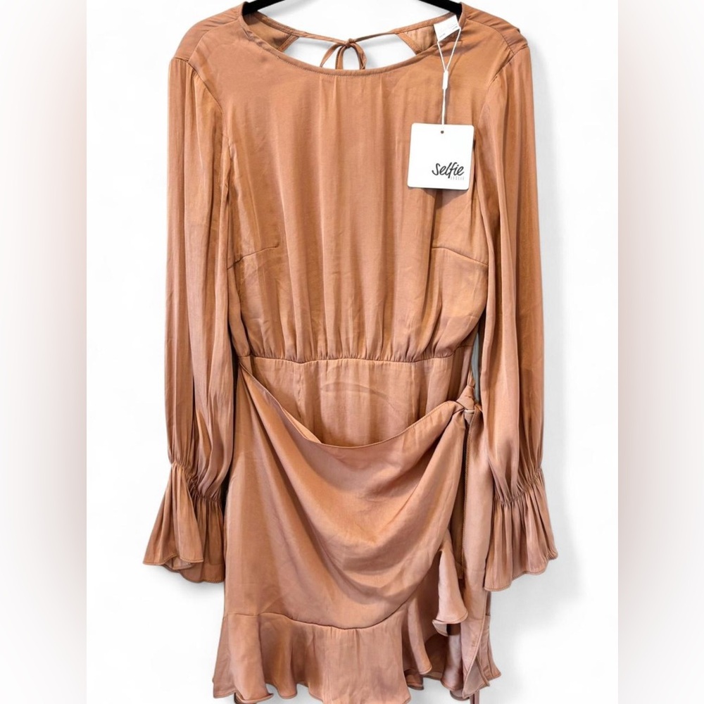 SELFIE LESLIE NWT Wrap Satin Formal Midi Dress Camel Bronze Copper Tan Wedding